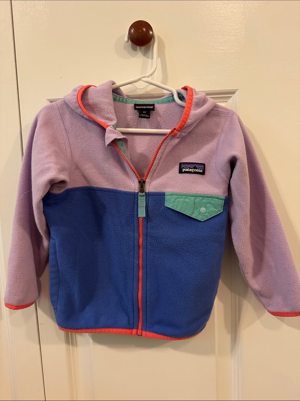 Patagonia Kids Colorblock Fleece Hoodie in Purple, Blue & Mint